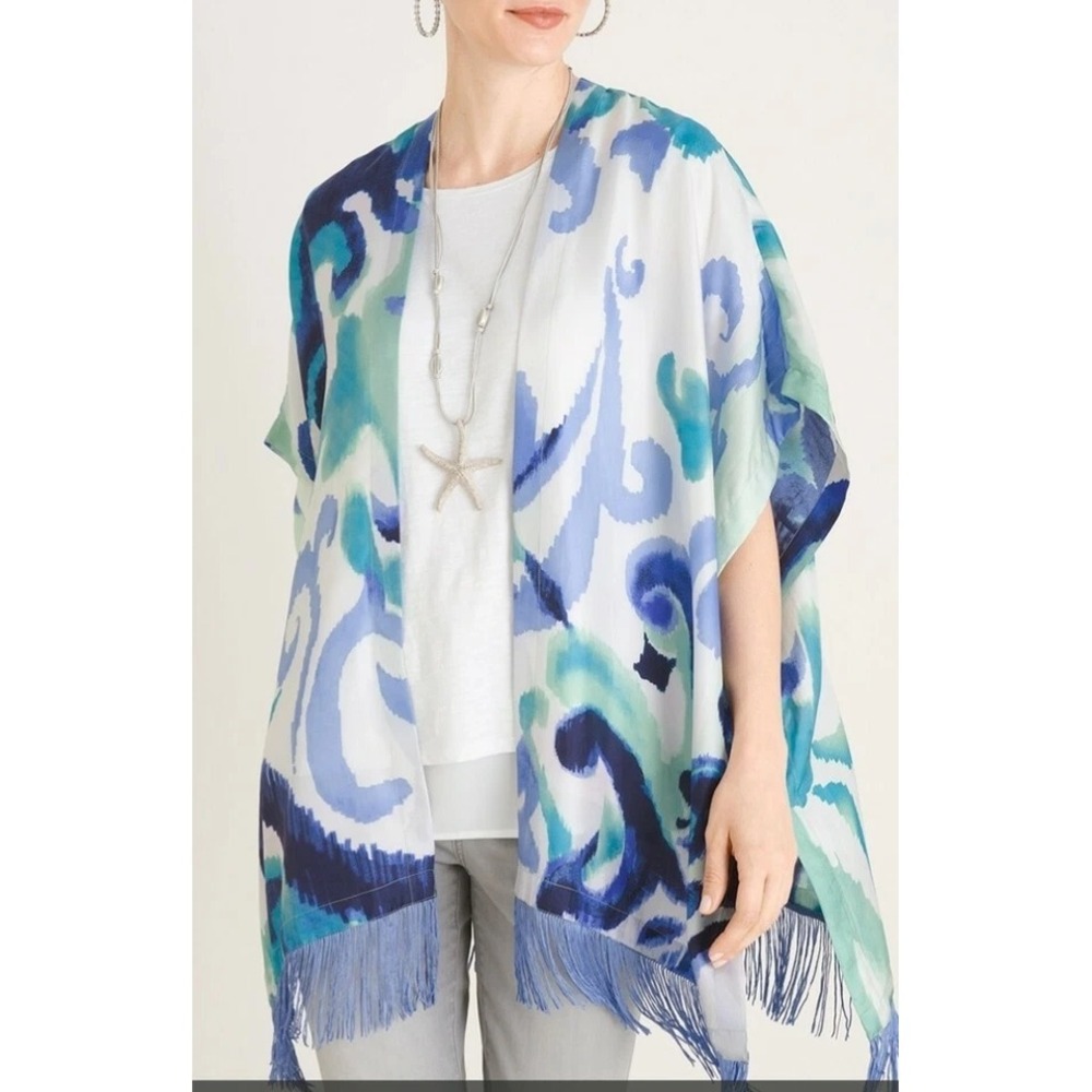 CHICOS One Size Whimsical Scroll 100% Silk Ruana Wrap Kimono Lightweight Coastal